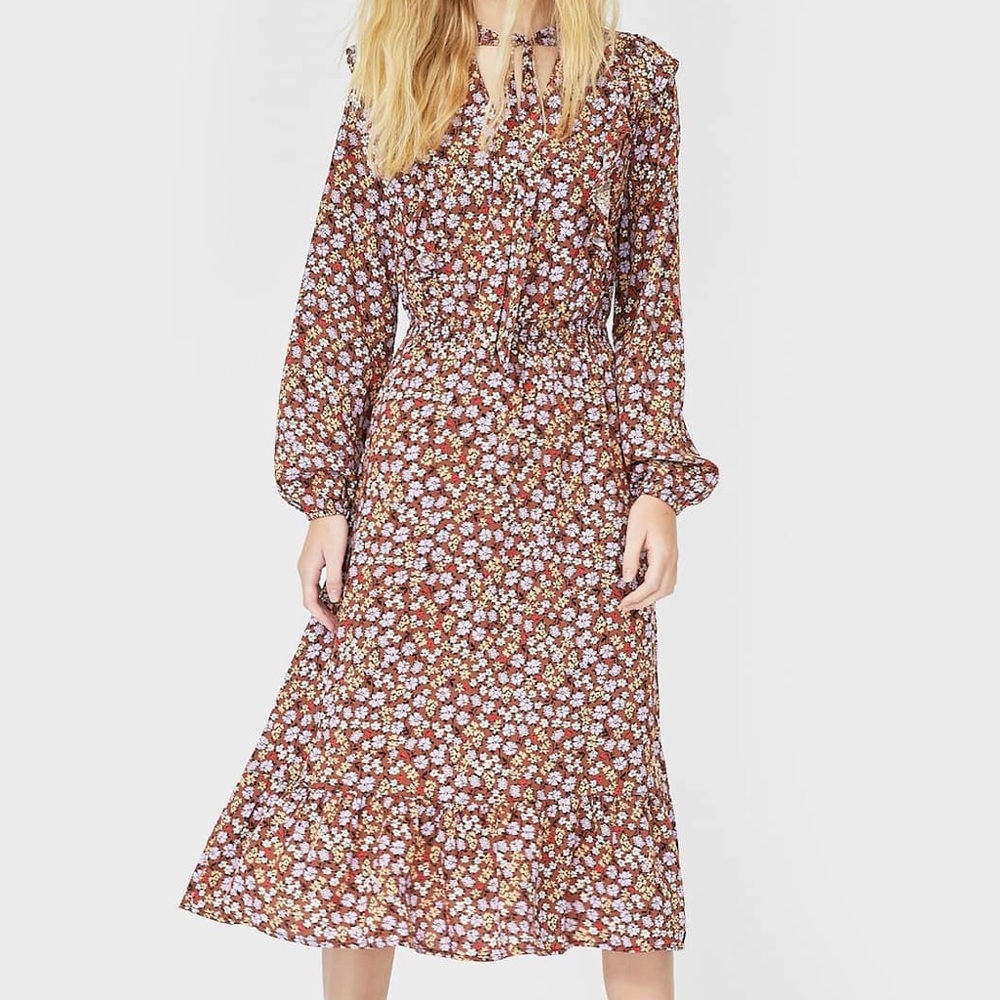 NWT STRADIVARIUS Long Sleeve High Neck Midi Dress Floral Size S/M